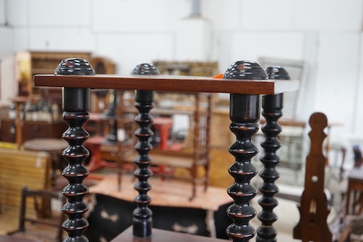 A Victorian style bobbin turned mahogany three tier whatnot, width 40cm, depth 39cm, height 86cm